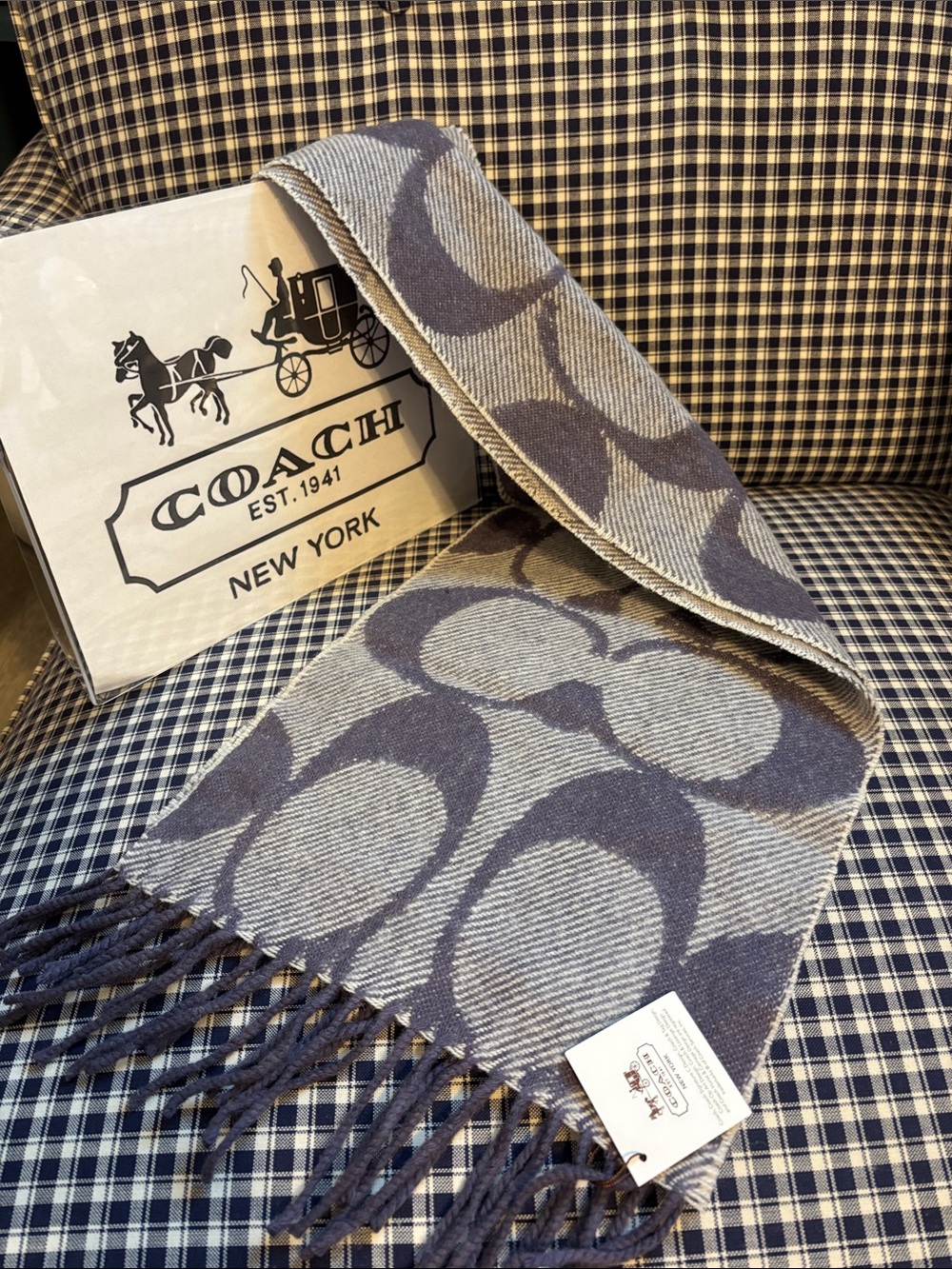 Coach Signature twill muffler wool/ cashmere blend- light purple and Gray